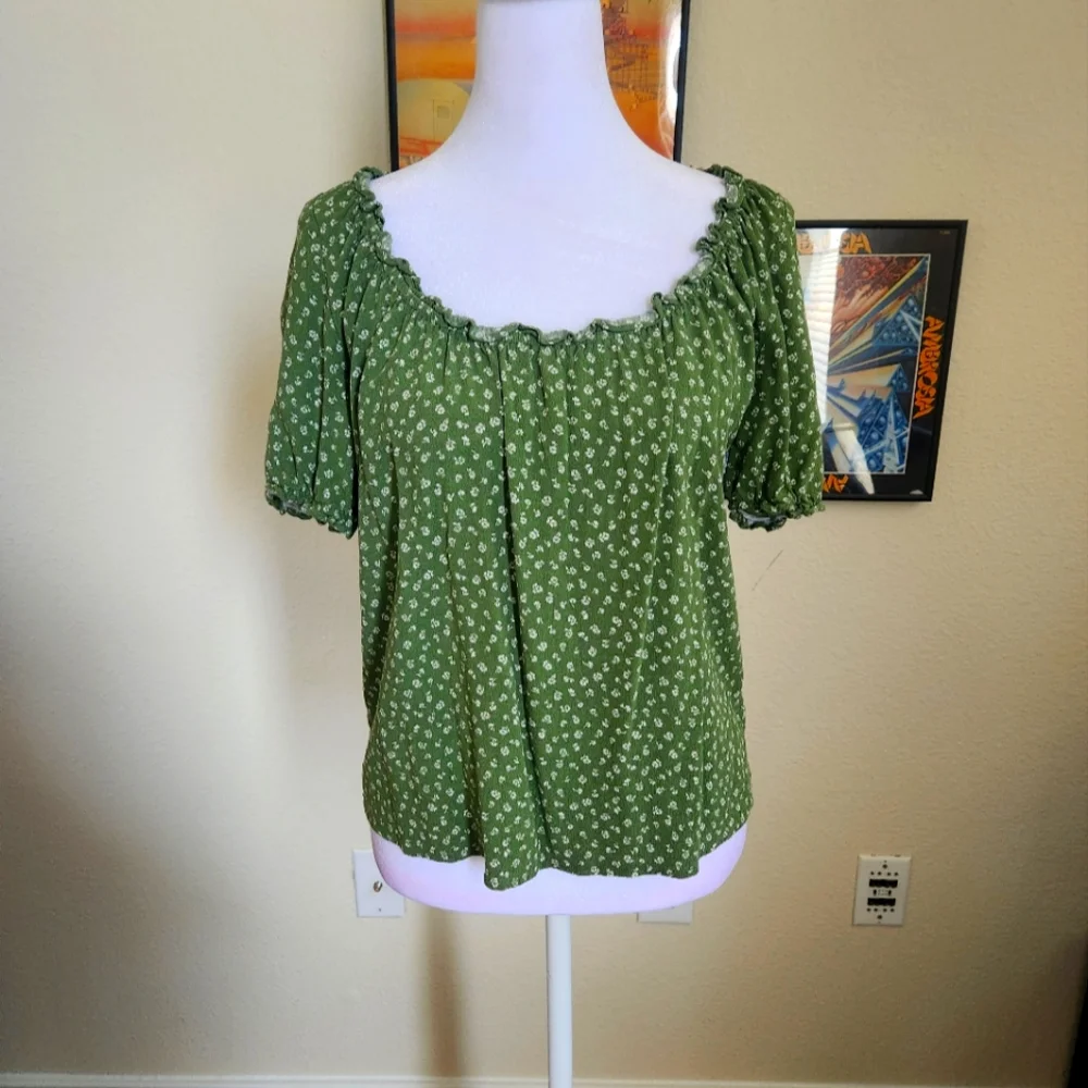 Reformation Green Floral Puff Sleeve Blouse